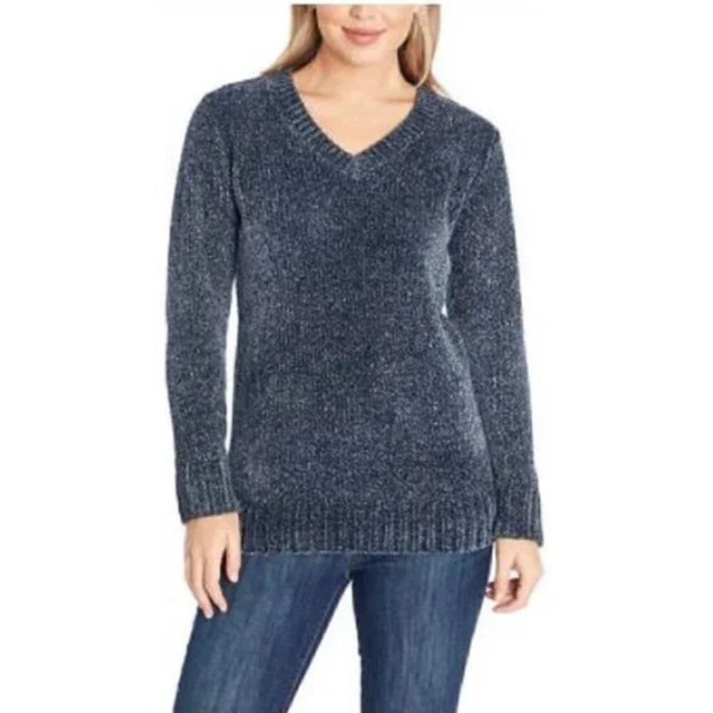 Orvis Marled Navy Blue Chenille Knit‎ V-Neck Sweater L